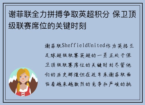谢菲联全力拼搏争取英超积分 保卫顶级联赛席位的关键时刻