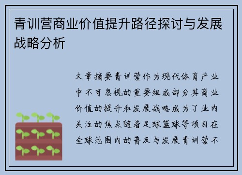 青训营商业价值提升路径探讨与发展战略分析