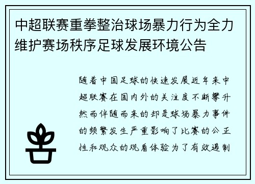中超联赛重拳整治球场暴力行为全力维护赛场秩序足球发展环境公告 中超联赛重拳整治球场暴力行为全力维护赛场秩序足球发展环境公告