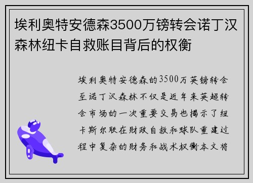 埃利奥特安德森3500万镑转会诺丁汉森林纽卡自救账目背后的权衡