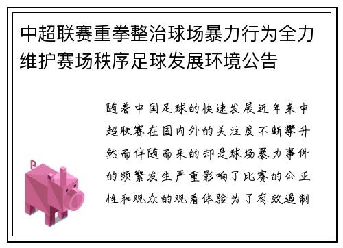 中超联赛重拳整治球场暴力行为全力维护赛场秩序足球发展环境公告